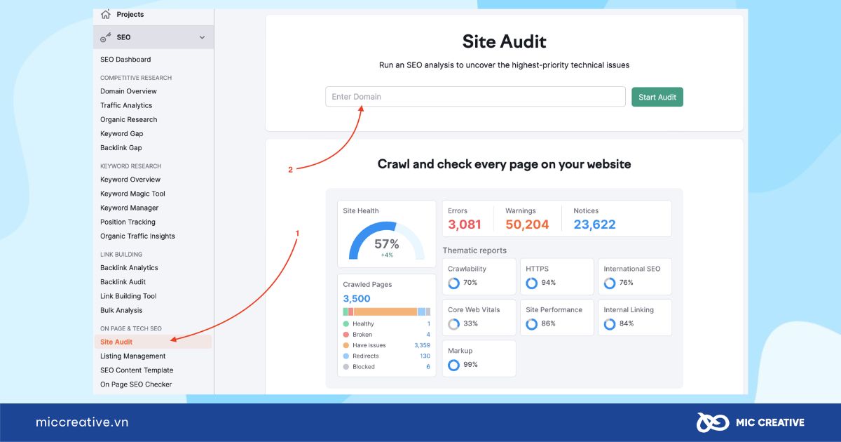 Chọn Site Audit và nhập URL của trang web mà bạn muốn kiểm tra