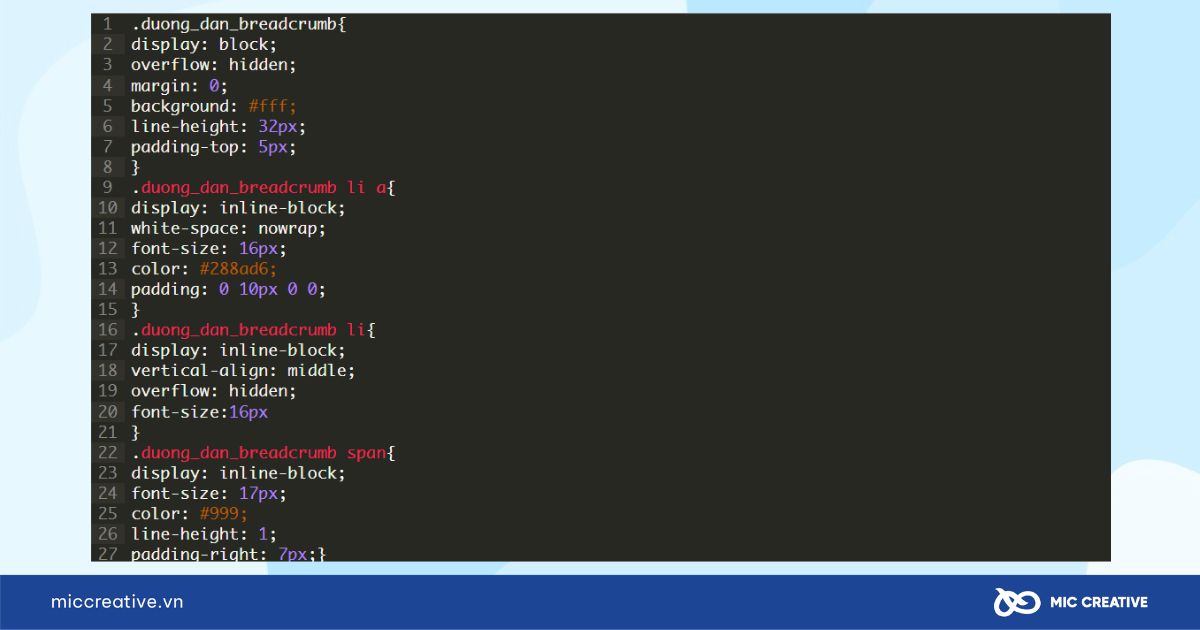 Code thêm CSS cho breadcrumb
