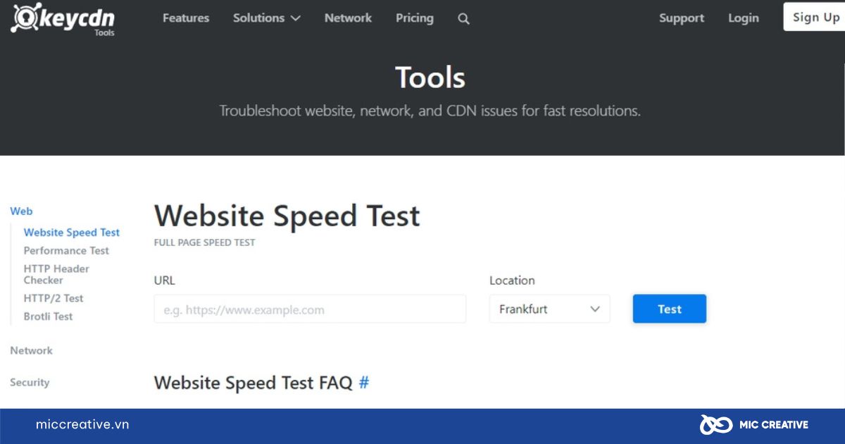 Giao diện của công cụ KeyCDN Website Speed Test trên trình duyệt