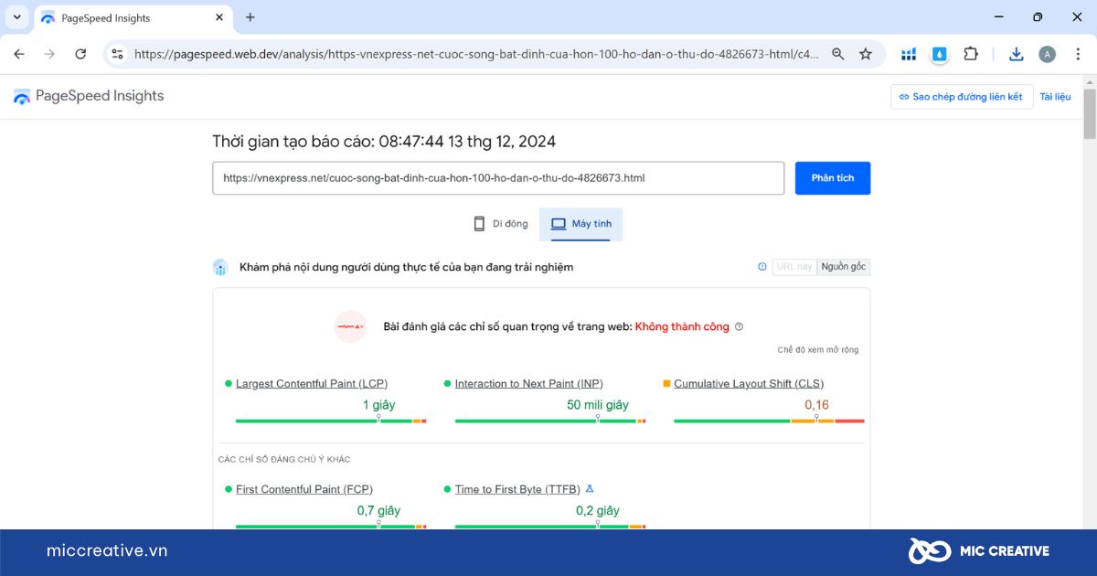 Kiểm tra tốc độ web bằng công cụ Google PageSpeed Insights