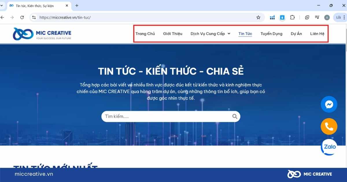 Navigational link hiển thị trên thanh menu