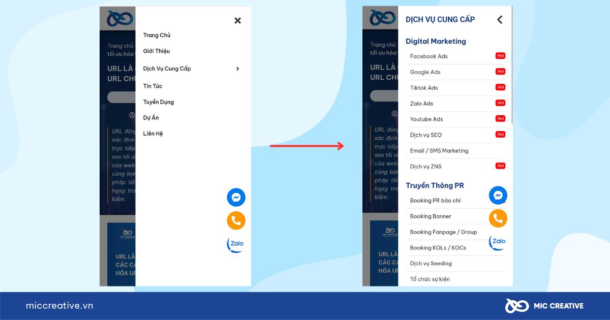 Sắp xếp logic các mục trong menu