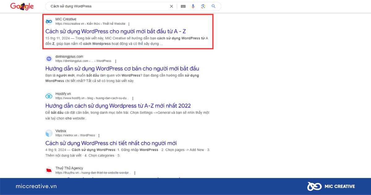 SEO Title "Cách sử dụng WordPress cho người mới bắt đầu từ A-Z" hiển thị trên SERPs