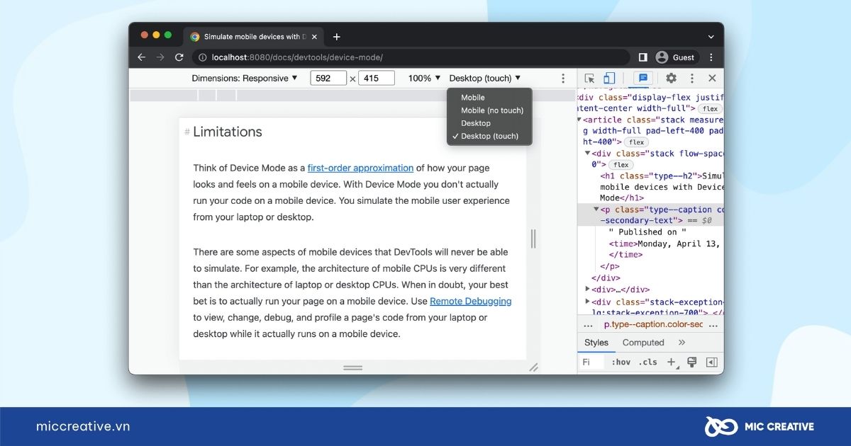 Sử dụng Chrome DevTools để kiểm tra mô phỏng thiết bị
