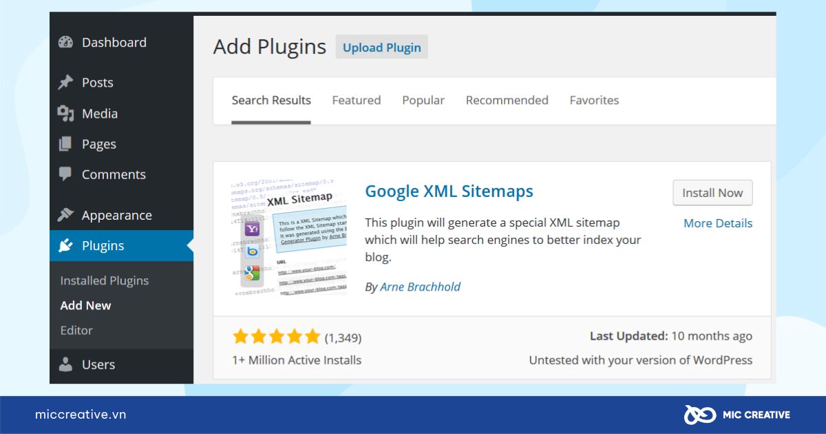 Tìm kiếm Google XML Sitemaps và chọn Install Now