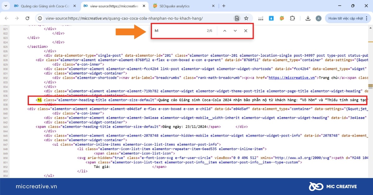 Tìm kiếm thẻ Heading trong trang nguồn