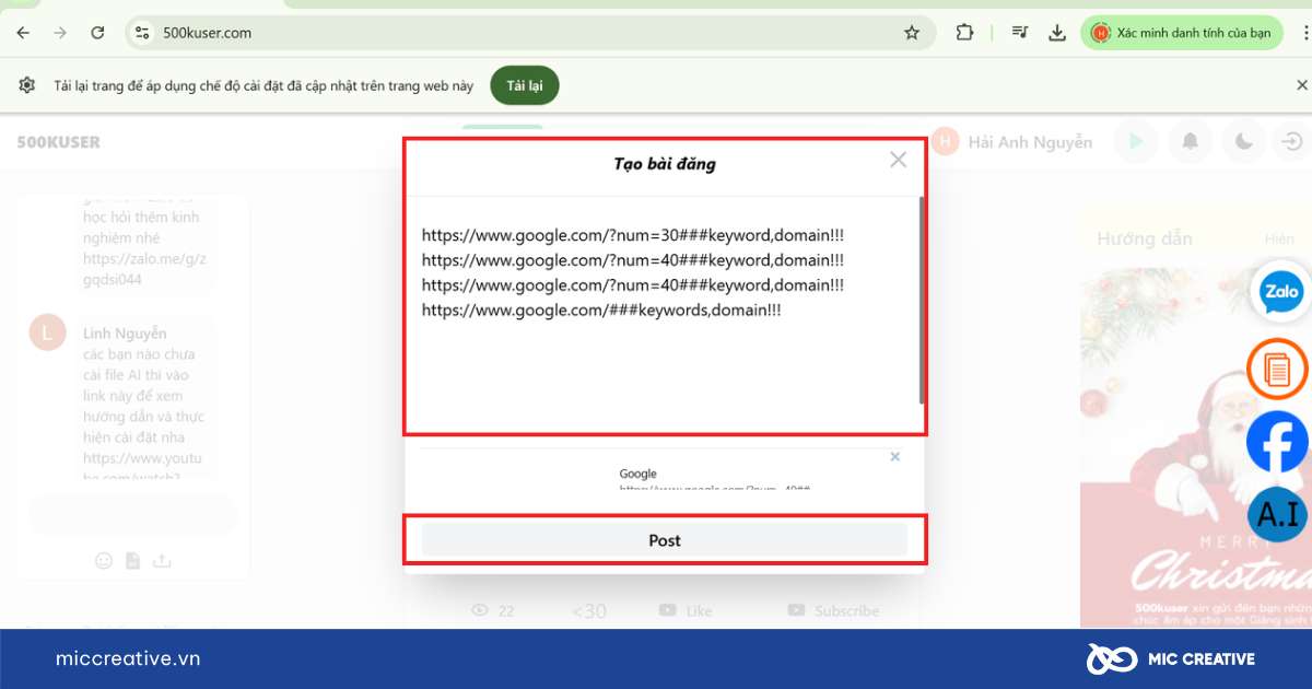 Đăng bài theo cú pháp trên phần mềm tăng lượt truy cập cho website 500kuser