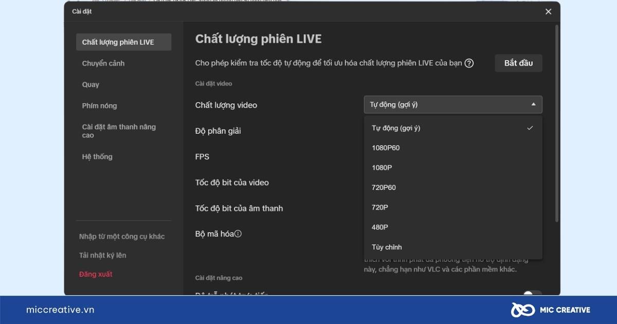 Các lựa chọn chất lượng hình ảnh khi Livestream