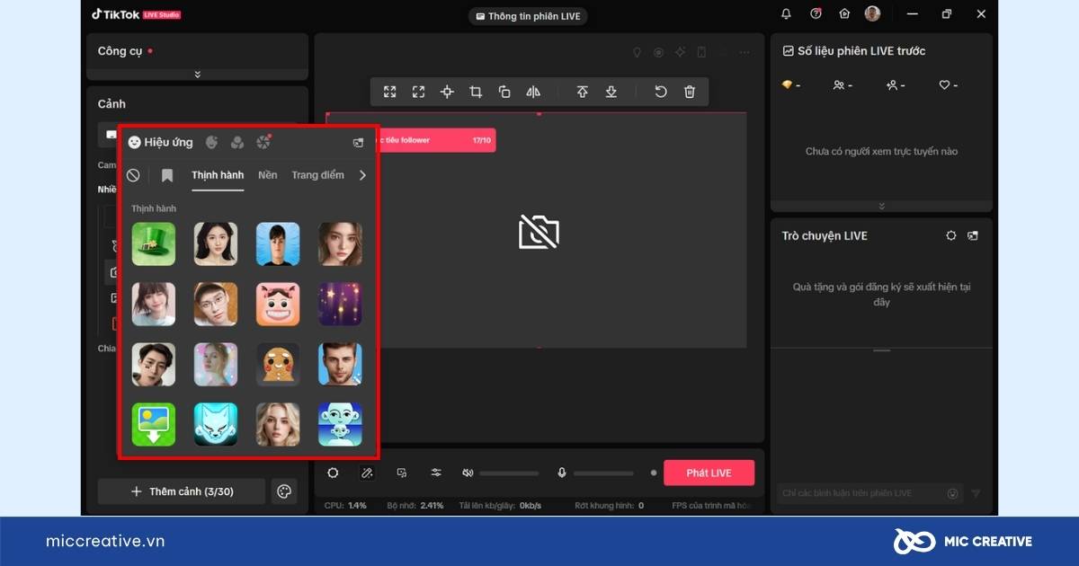 Các lựa chọn hiệu ứng hình ảnh khi livestream