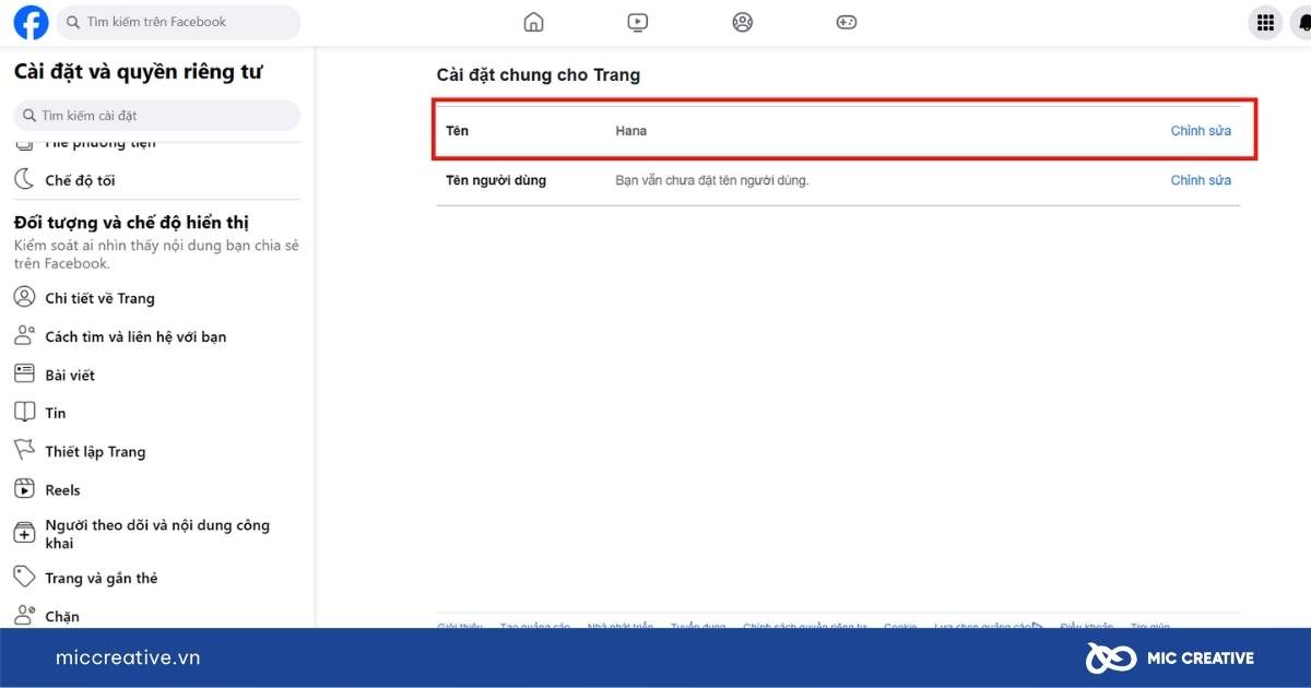 đổi tên trang facebook