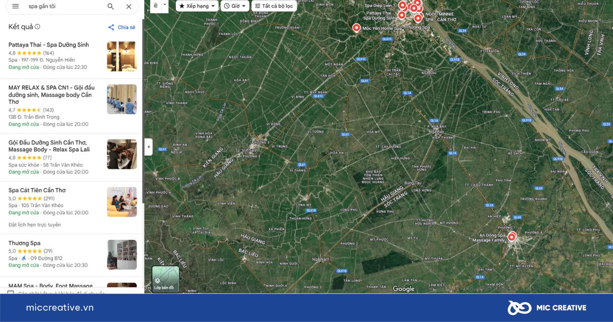 Kết quả tìm kiếm "spa gần tôi" trên Google Map