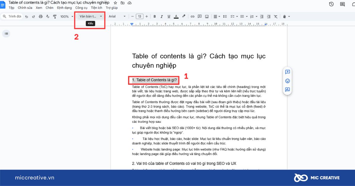Áp dụng heading trong Google Docs