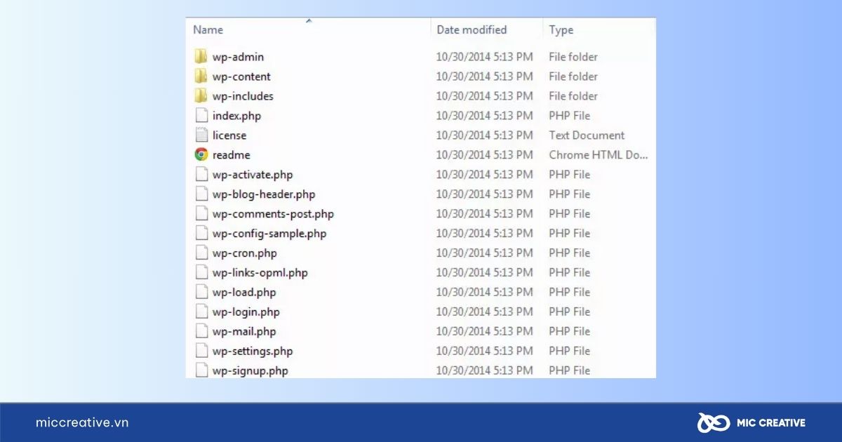 Các tập tin và thư mục mã nguồn của WordPress.