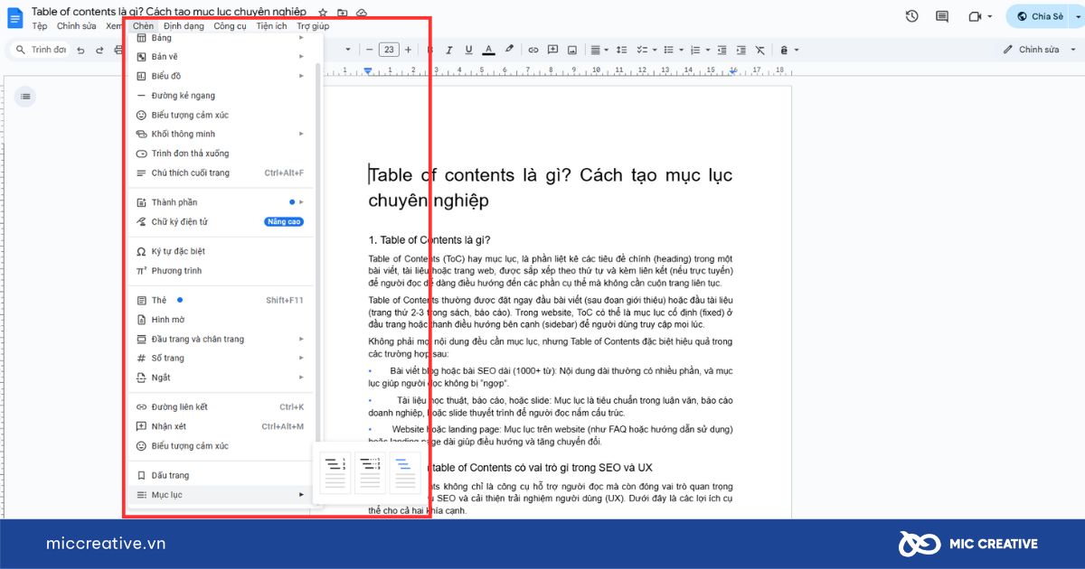 Chèn mục lục tự động trên Google Docs