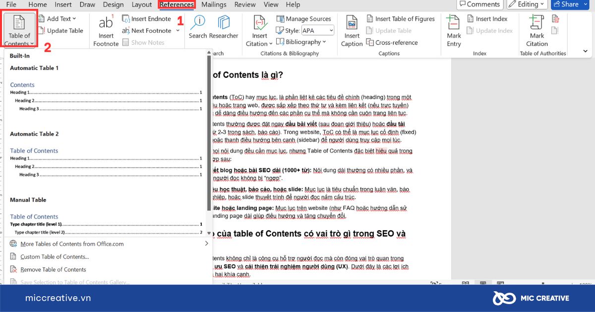 Chèn mục lục tự động trên Microsoft Word