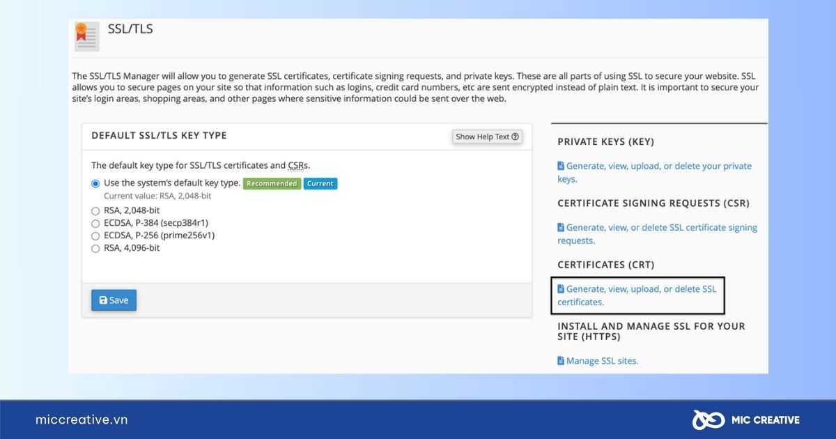 Chọn tùy chọn Generate, view, upload, or delete SSL certificates.