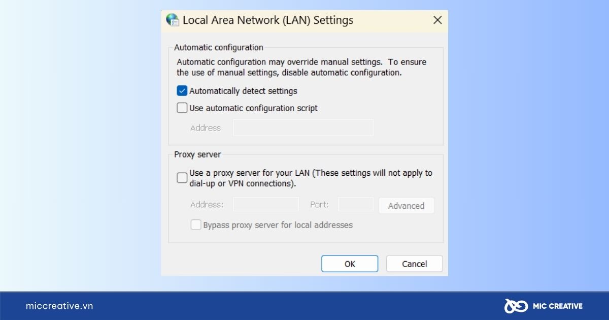 Đánh dấu vào ô Automatically detect settings