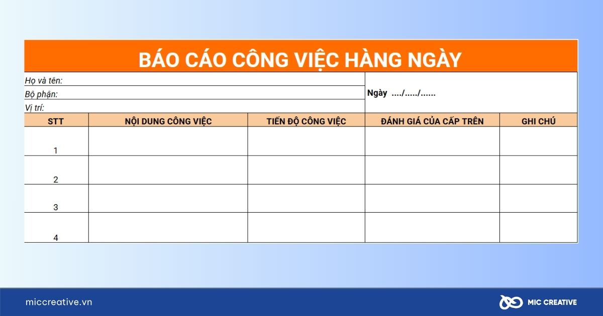Mẫu báo cáo công việc hàng ngày bằng Excel