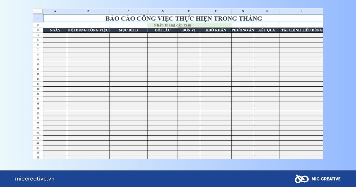 Mẫu báo cáo công việc hàng tháng bằng Excel