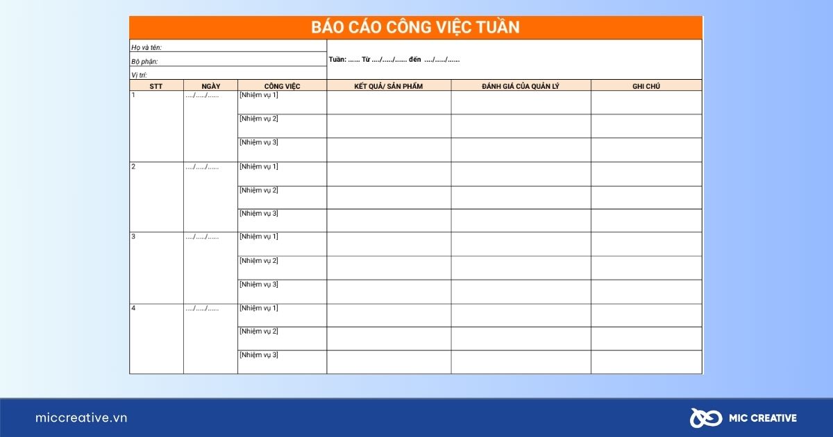 Mẫu báo cáo công việc hàng tuần bằng Excel