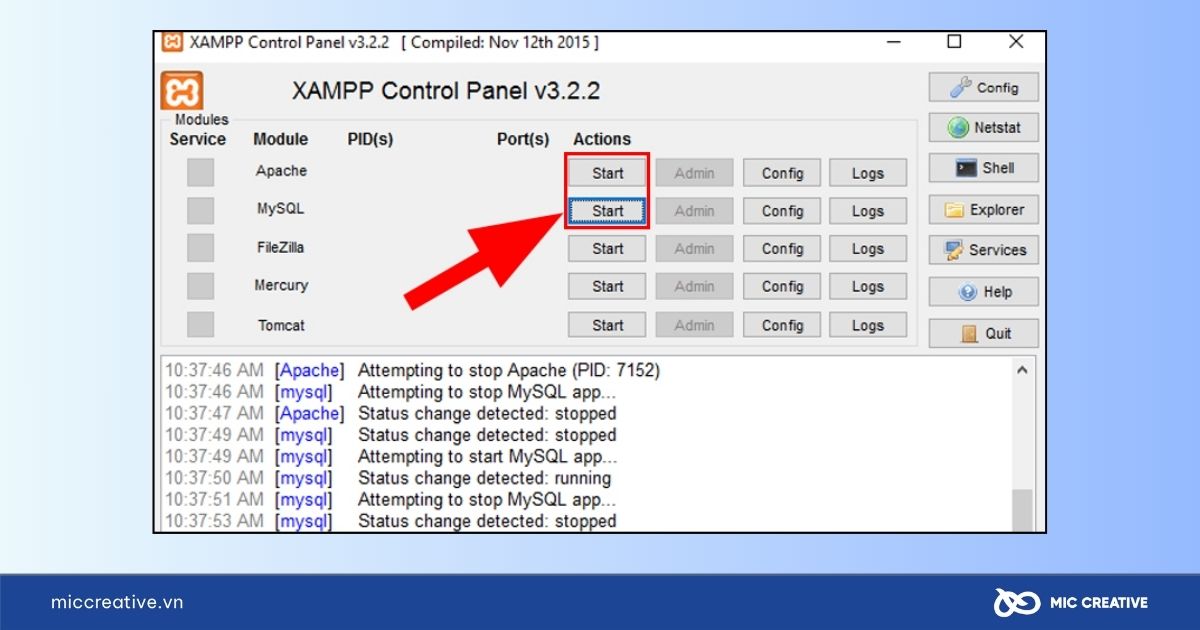 Nhấn Start cho các dịch vụ Apache và MySQL