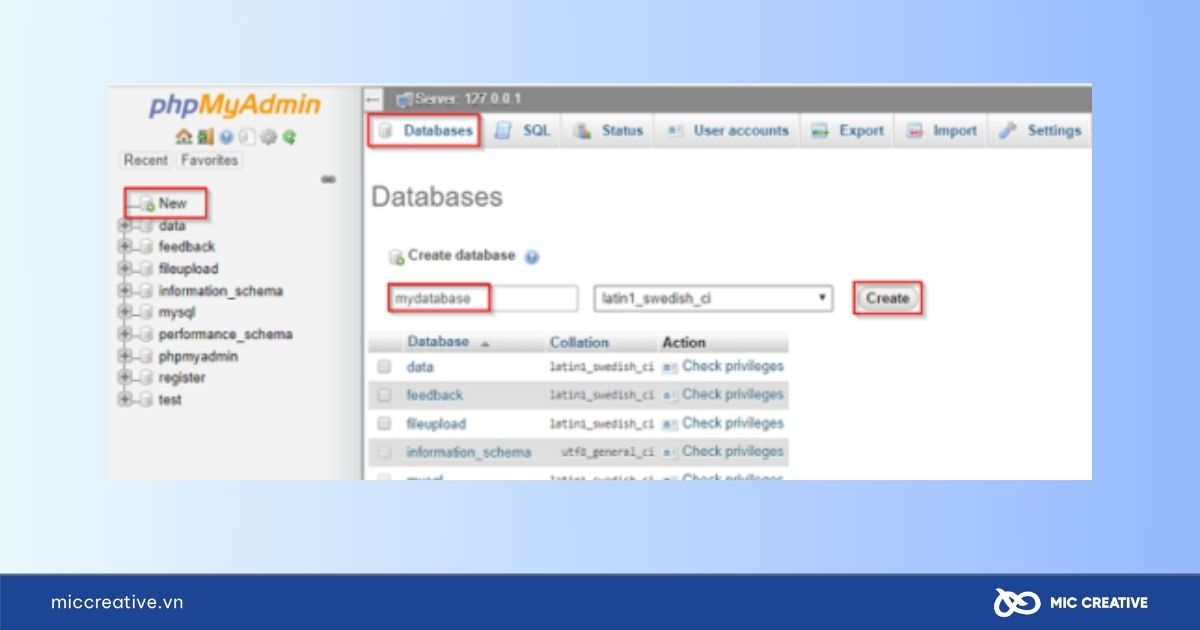 Nhập tên database cần tạo