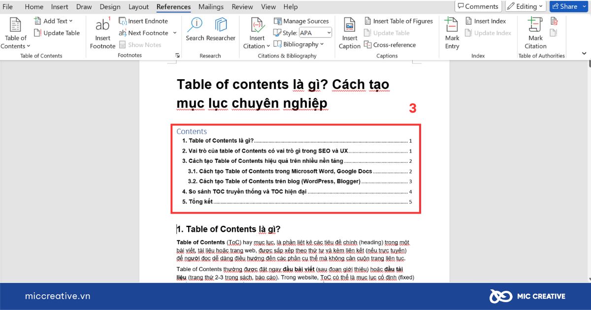 Table of Contents được tạo