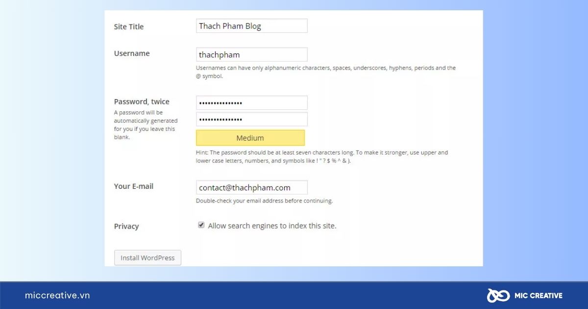 Thiết lập thông tin cho website và nhấp Install WordPress