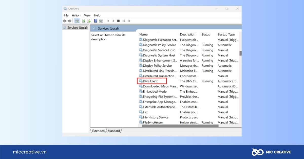 Tìm DNS Client và chọn Restart