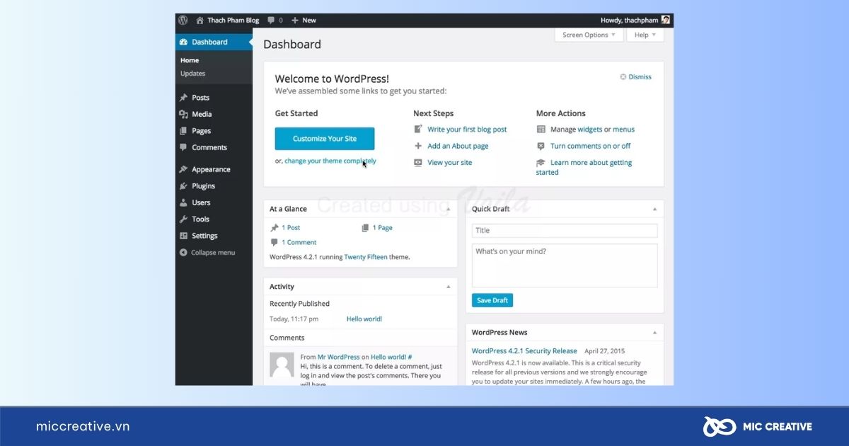 Trang quản trị của WordPress sau khi cài đặt