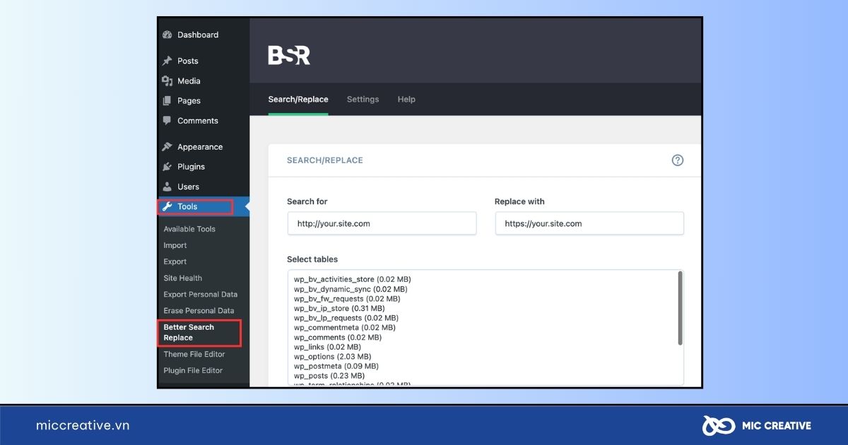 Vào mục Tools trong Dashboard để mở Better Search Replace
