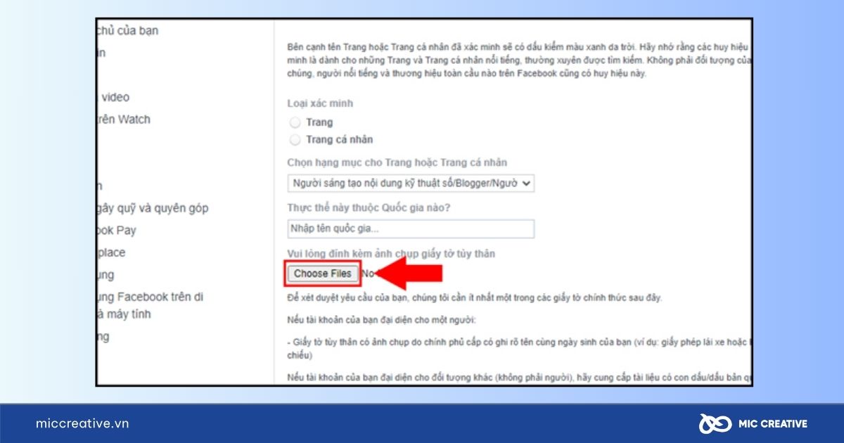 Chọn Choose Files để tải lên ảnh chụp giấy tờ tùy thân