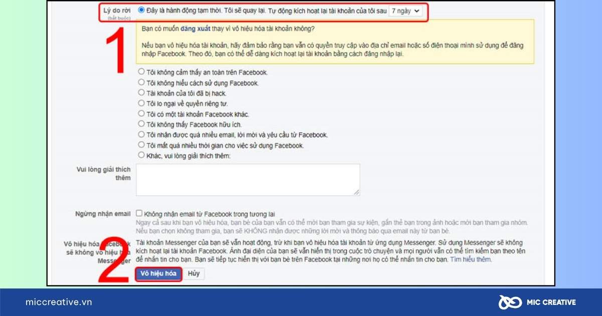 vô hiệu hóa tài khoản Facebook