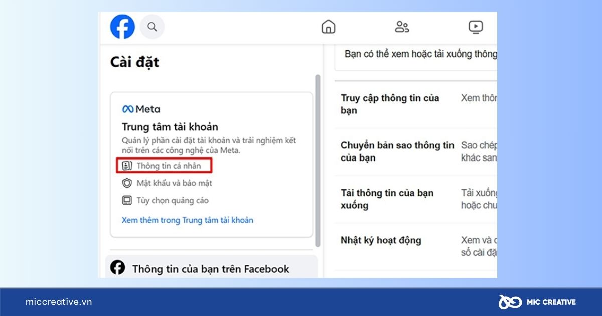 Chọn mục Thông tin cá nhân