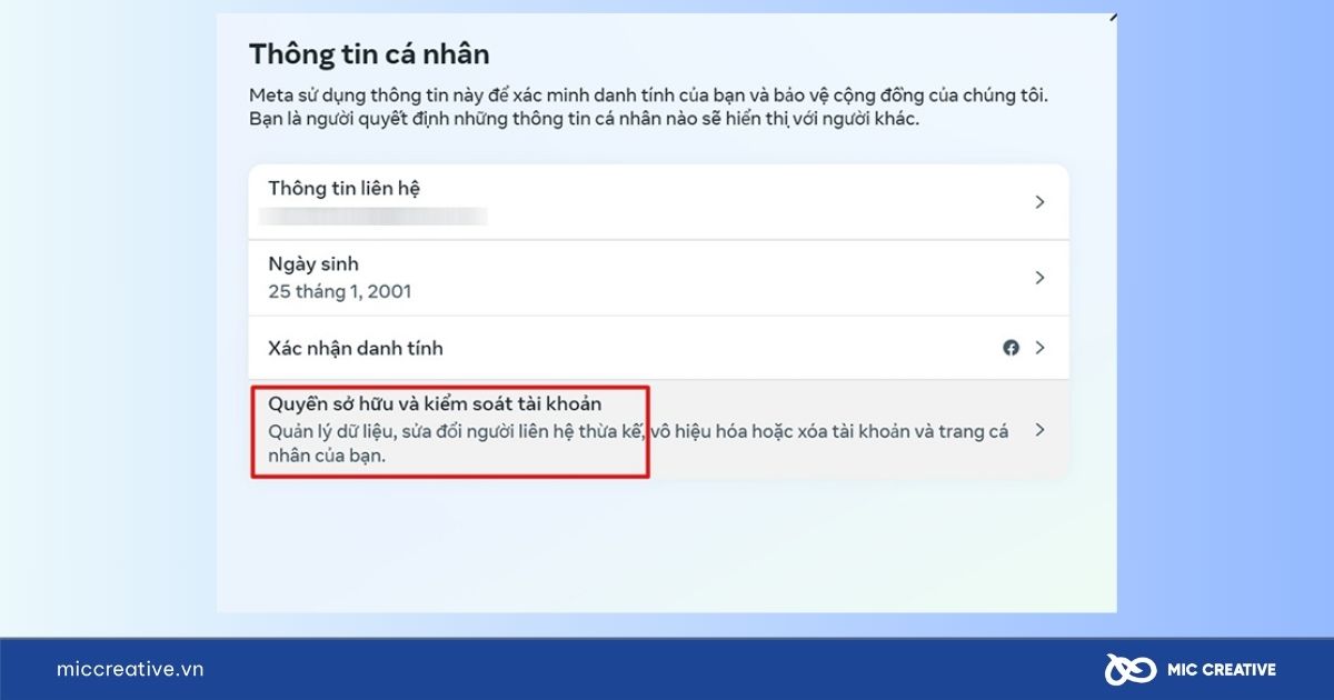 Chọn Quyền sở hữu và kiểm soát tài khoản