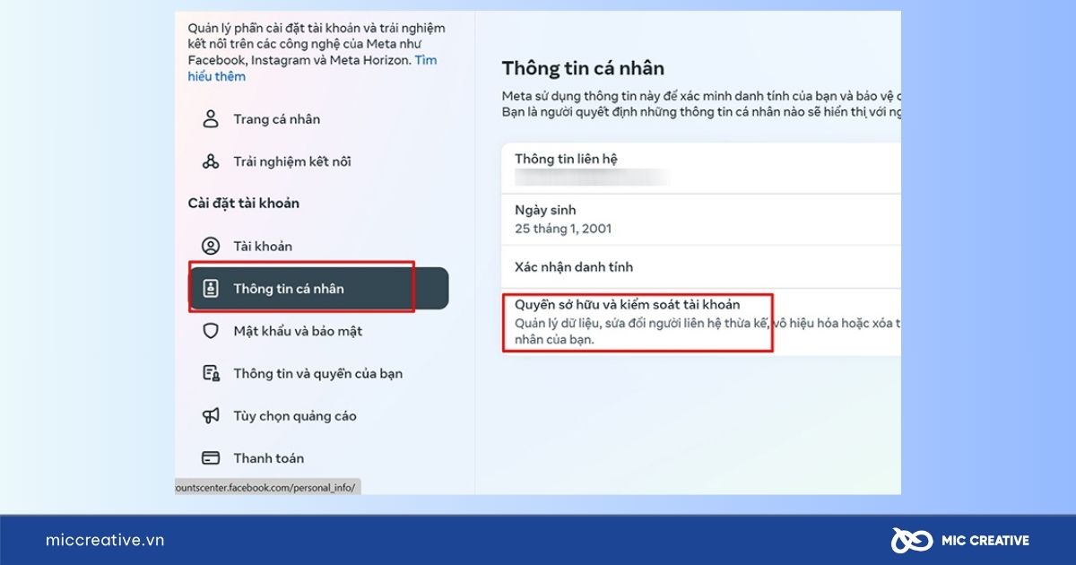 Chọn Quyền sở hữu và kiểm soát tài khoản