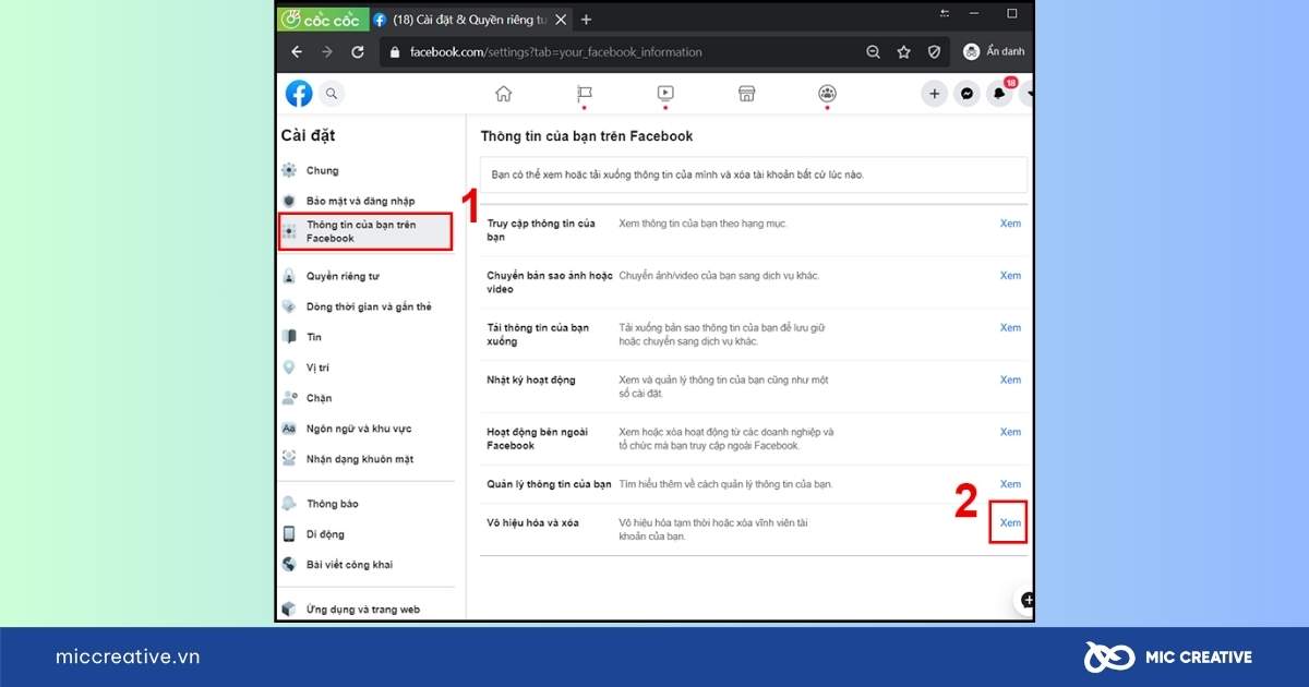 vô hiệu hóa tài khoản Facebook