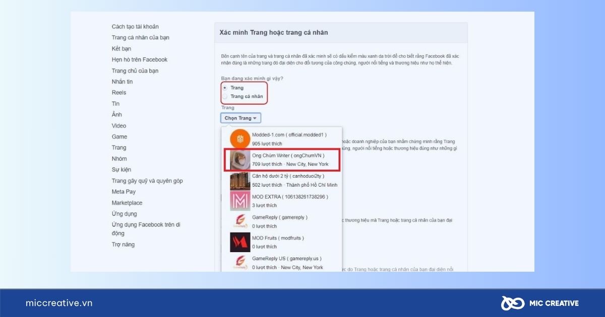 Chọn Trang muốn đăng ký tích xanh Facebook
