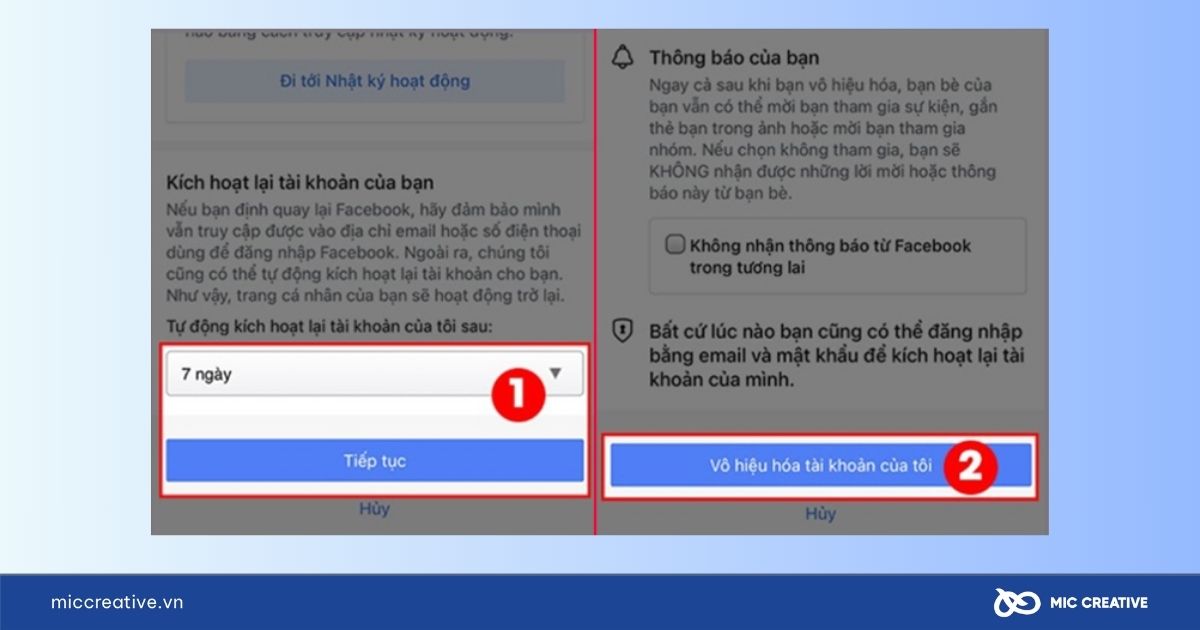 Nhấn Tiếp tục và chọn Vô hiệu hóa tài khoản của tôi