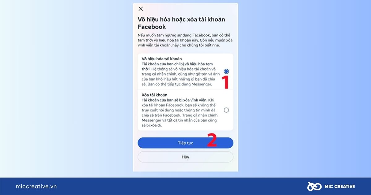 Chọn Vô hiệu hóa tài khoản và nhấn Tiếp tục