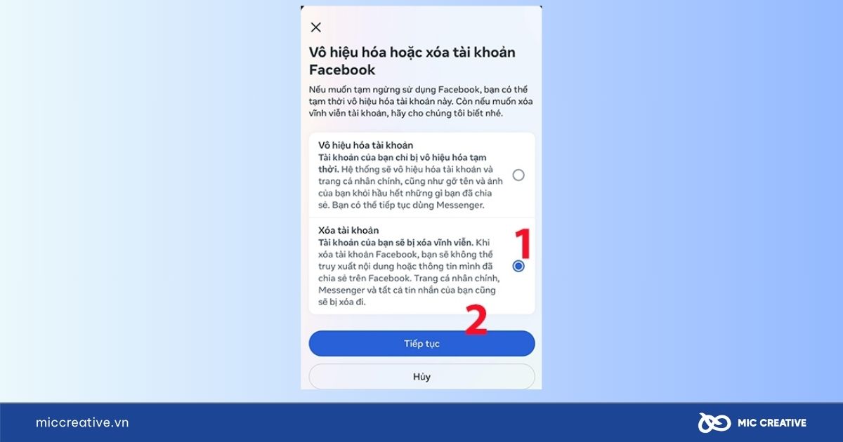 Chọn Xóa tài khoản và nhấn Tiếp tục