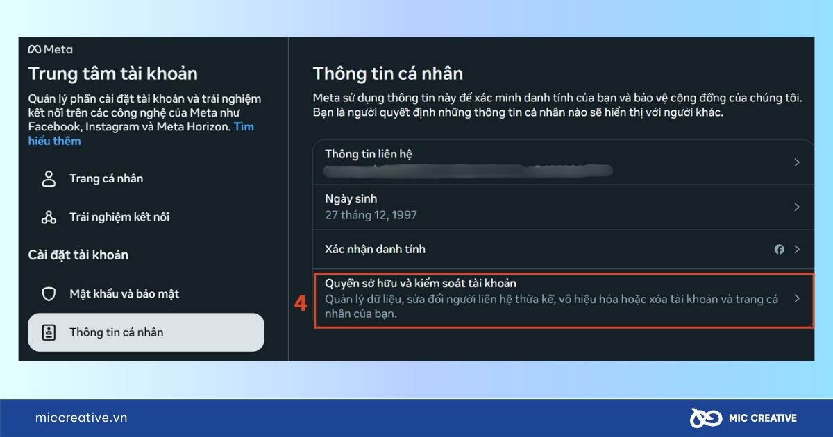 Nhấn chọn quyền sở hữu và kiểm soát tài khoản