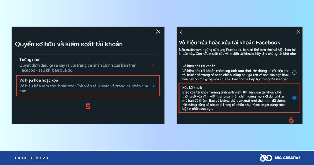 Chọn xóa tài khoản