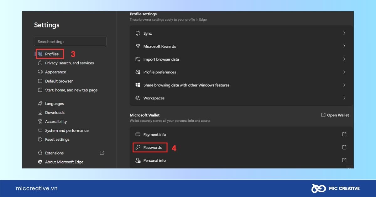 Chọn Passwords trong mục Profiles