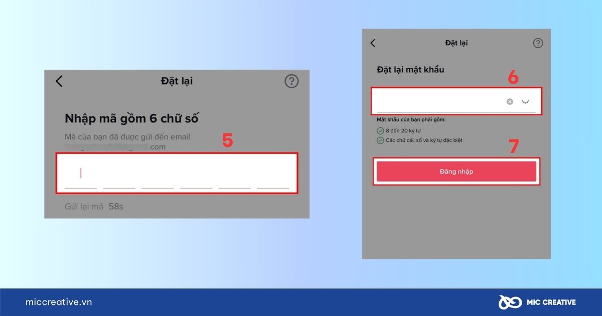 Nhập mã xác minh và đặt lại mật khẩu mới