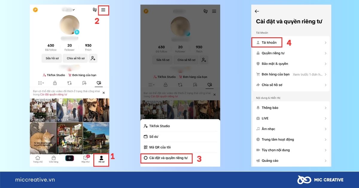 Truy cập cài đặt tài khoản TikTok