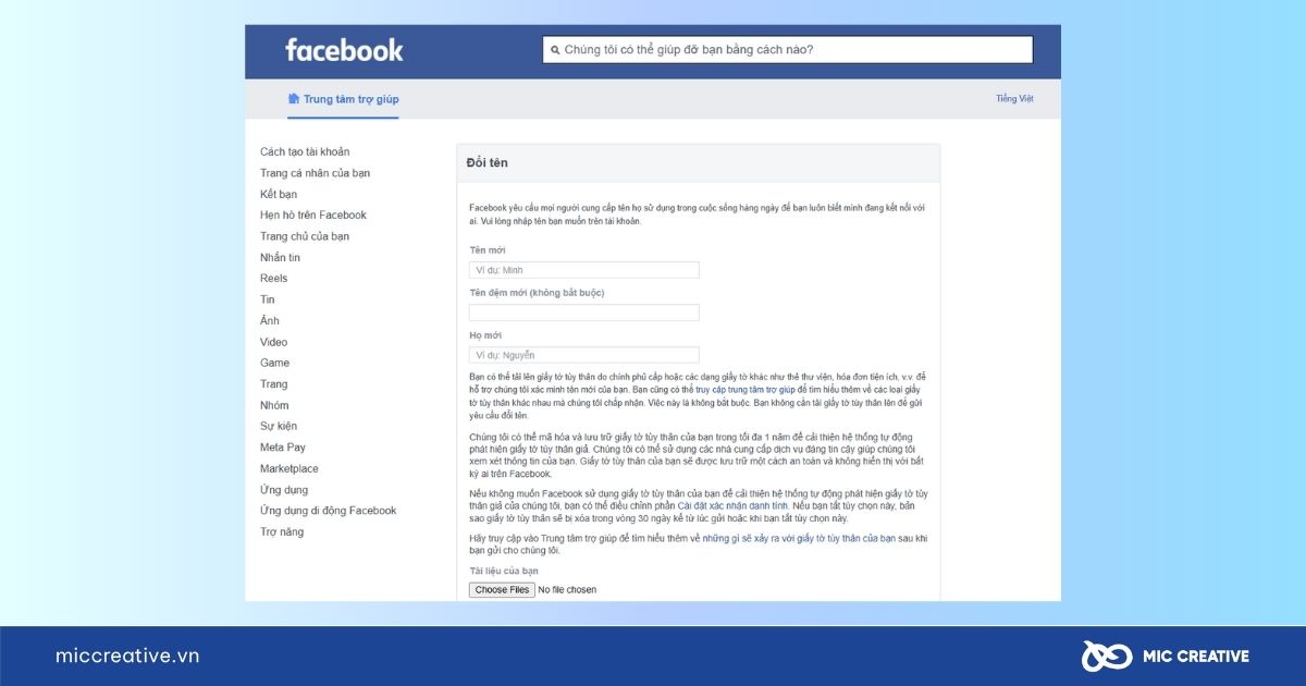 Biểu mẫu Yêu cầu thay đổi tên của Facebook