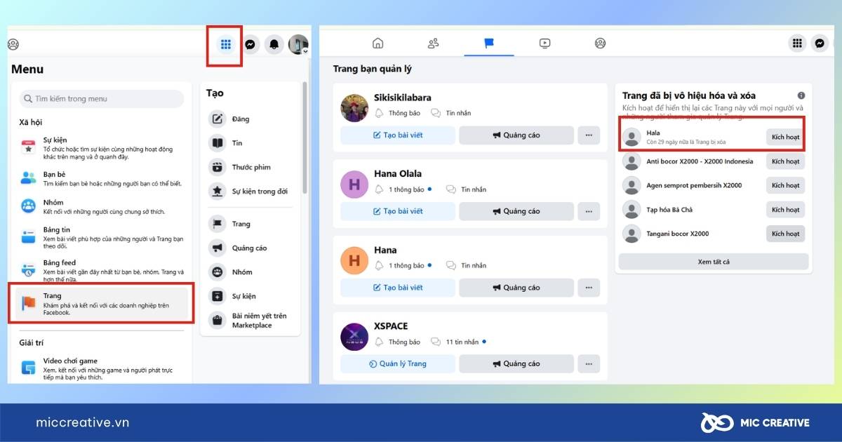 cách mở lại fanpage trên Facebook