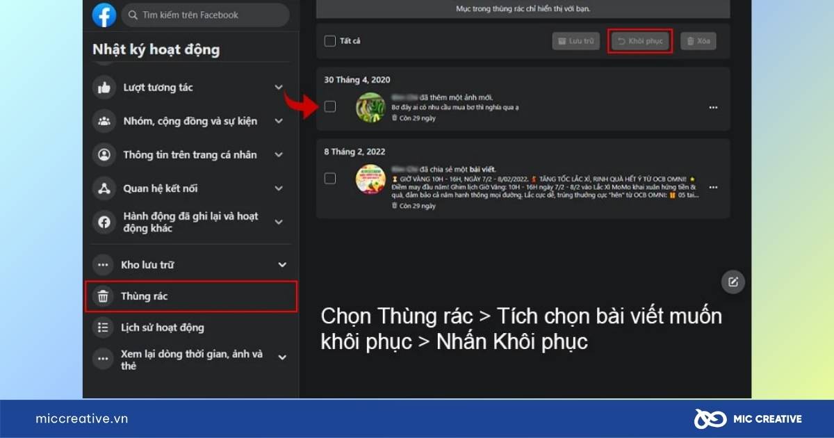 khôi phục bài viết đã xóa trên fanpage facebook