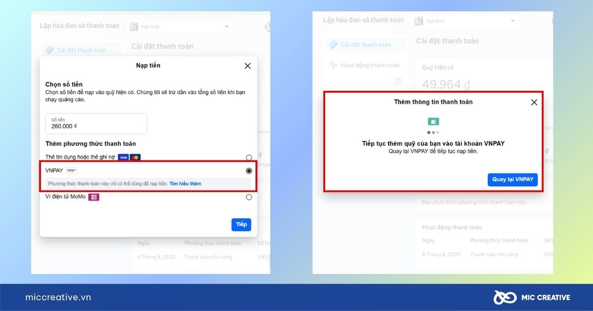 nạp tiền quảng cáo facebook
